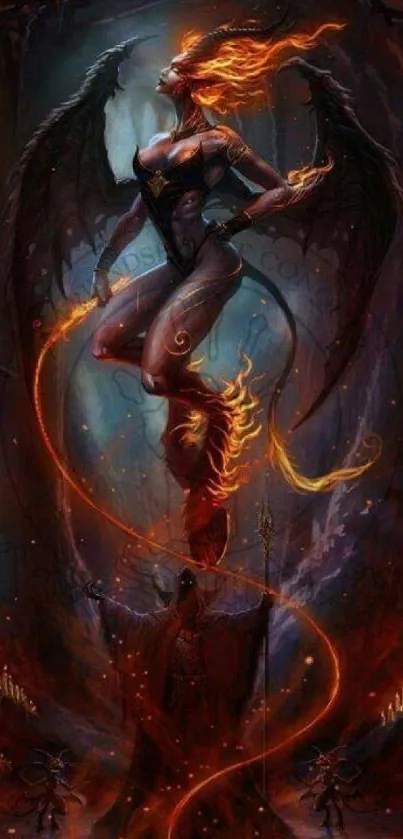 Fiery demon illustrated in dark hues with vivid fiery elements.