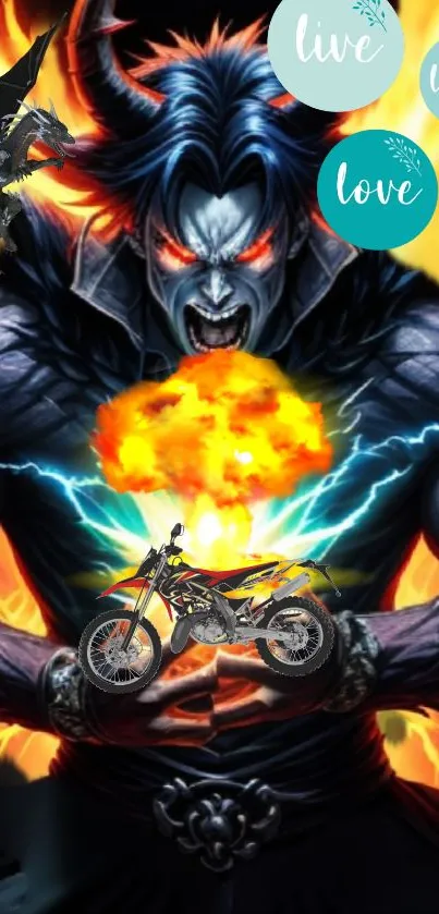 Fiery demon with an explosion and motorcycle.