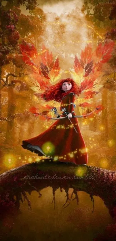 Fiery-haired archer in a magical forest setting, surrounded by autumn colors.