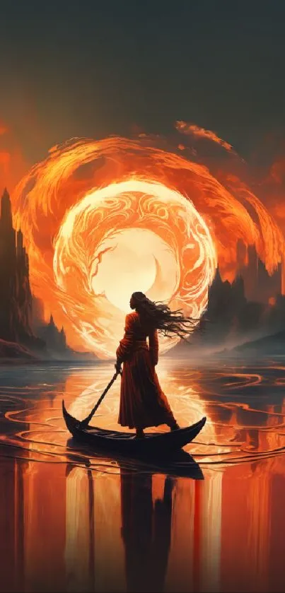 Fantasy landscape with fiery orange vortex and lone figure in the foreground.