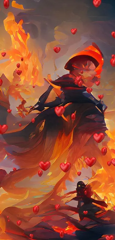 Fantasy art wallpaper with fiery figure and flames, perfect for mobile screens.