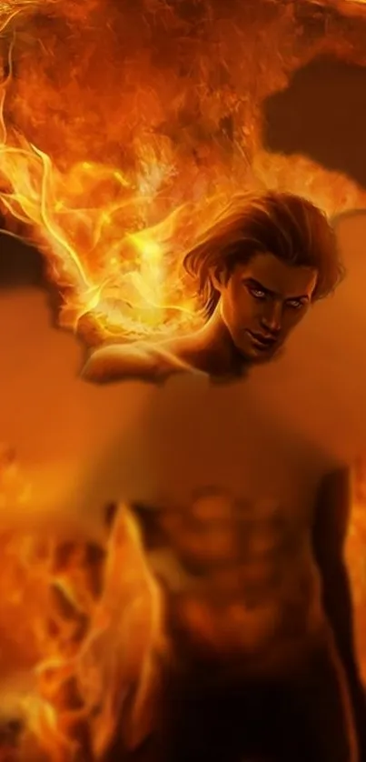 Mysterious figure surrounded by flames in a fantasy mobile wallpaper.