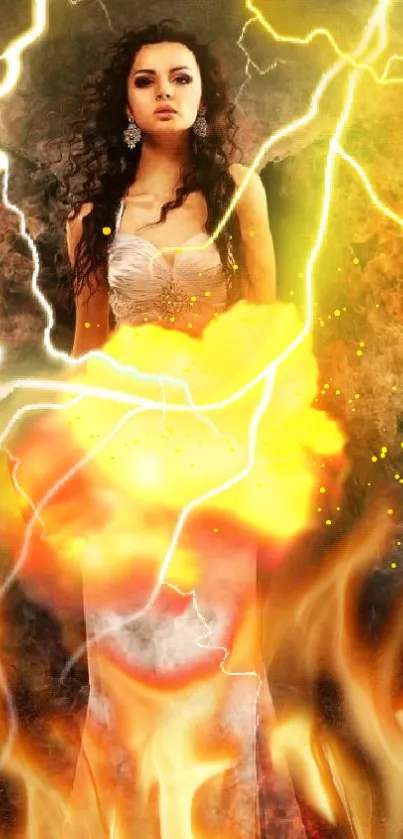 Fantasy theme wallpaper with fire and lightning effects on mobile screen.