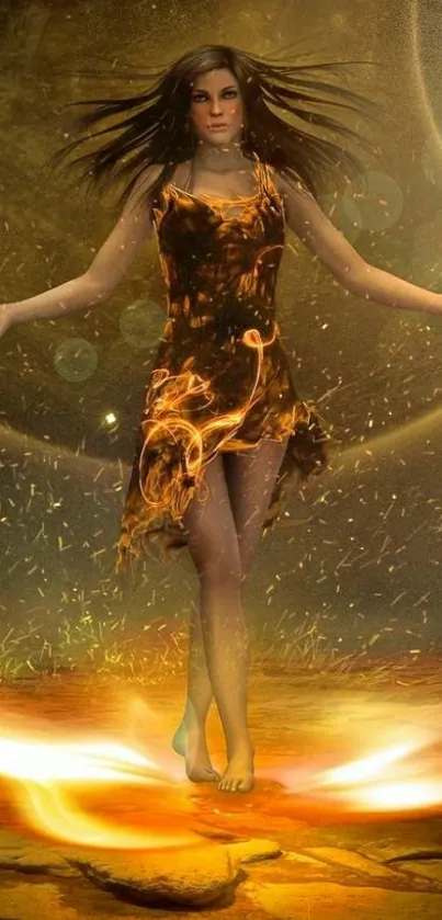 Ethereal figure dancing in flames with golden hues on mobile wallpaper.