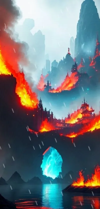 Fiery fantasy landscape with glowing lava and mountains.