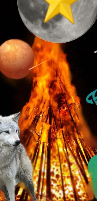 Fantasy night wallpaper with fire, moon, and wolf in a cosmic setting.