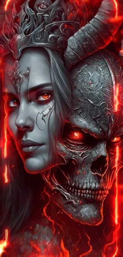 Fiery fantasy wallpaper with a skull and mystical woman.