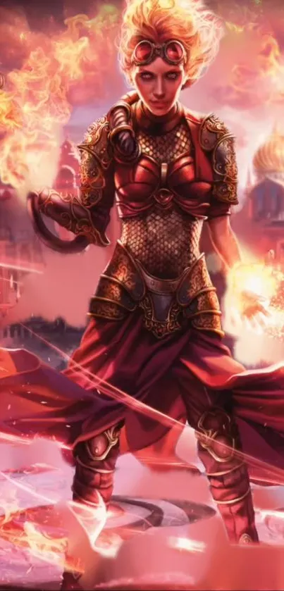 Fantasy warrior surrounded by fire in a majestic cityscape.