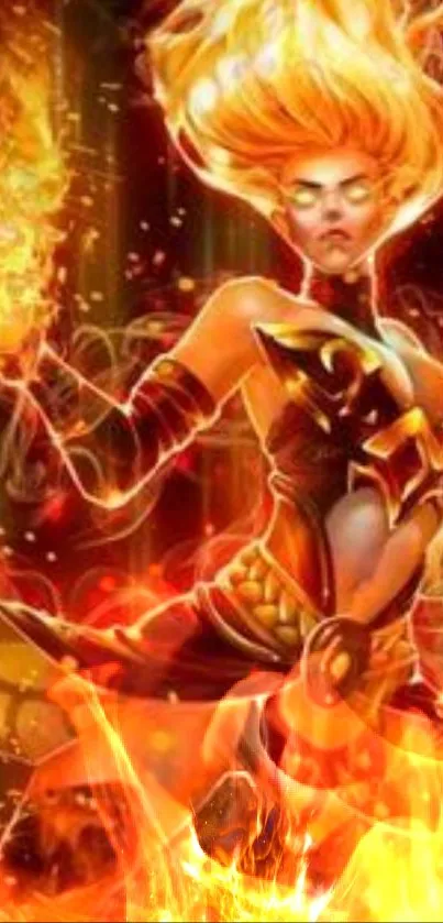 Fantasy warrior engulfed in fiery flames, vibrant and dynamic.