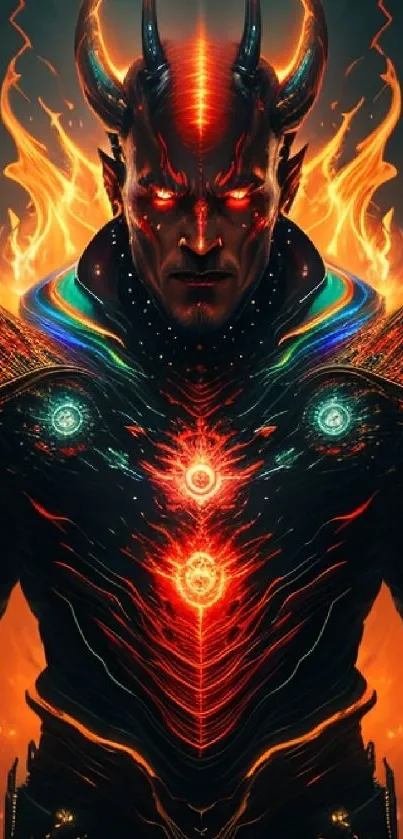 Fiery warrior with glowing eyes surrounded by flames, in a fantasy art style.