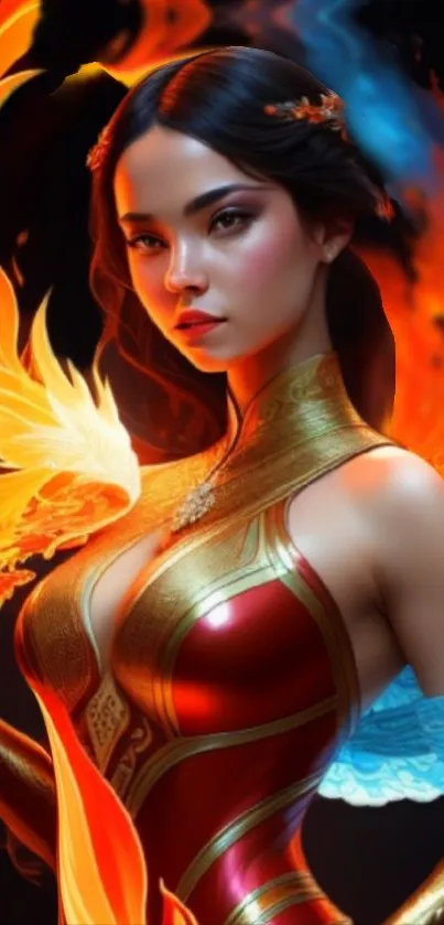 Fiery fantasy warrior in vibrant armor with phoenix and flames.