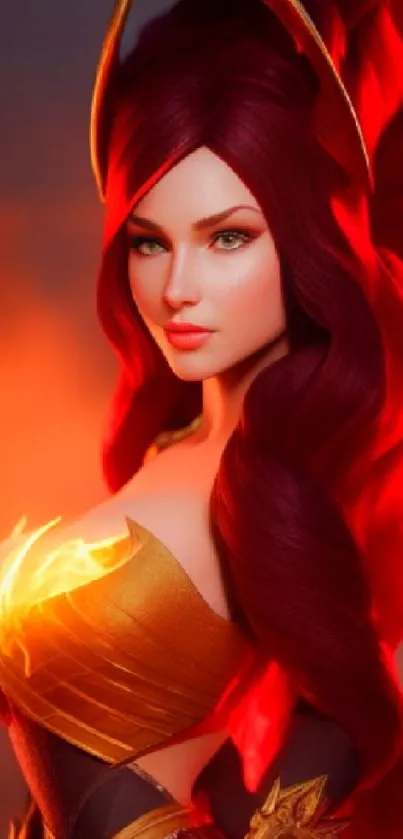 Fantasy warrior with fiery red hair, armor glowing in a vivid orange background.