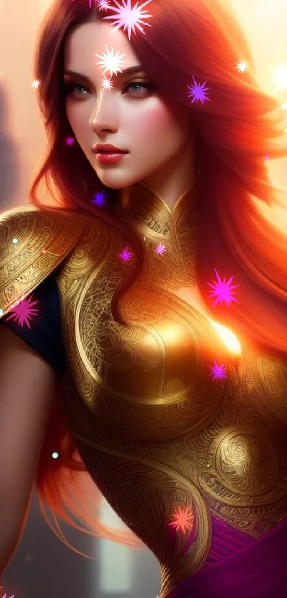 Fiery-haired fantasy warrior with golden armor and cityscape backdrop.