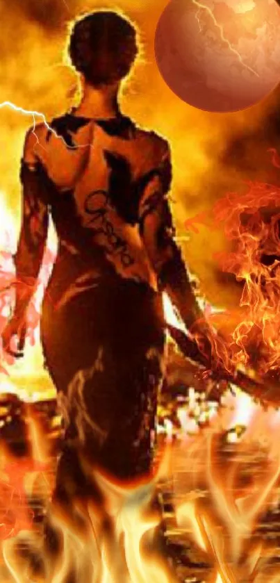 A woman surrounded by flames and lightning in a fantasy setting.