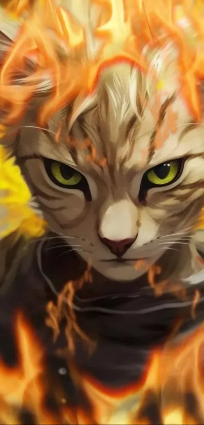 Fiery cat with green eyes and flames mobile wallpaper.