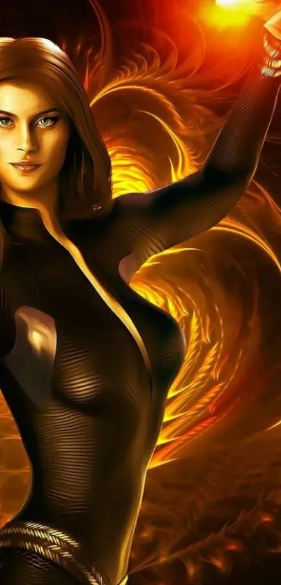 Dynamic female hero with fiery energy in vibrant digital art.