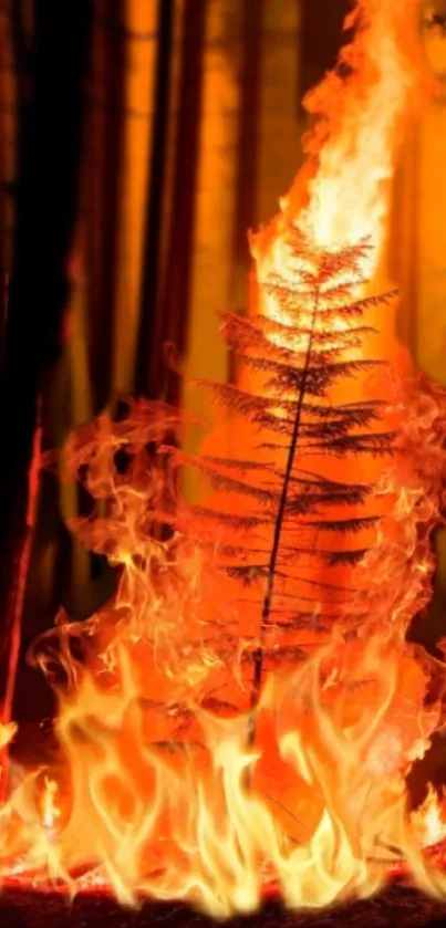 Mobile wallpaper of fiery fern in flames in a dark forest setting.