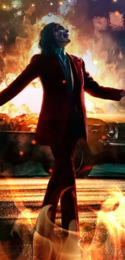 Figure in red suit surrounded by fire in a dramatic city scene.