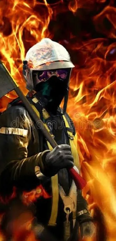 Firefighter facing flames with axe in dynamic wallpaper.