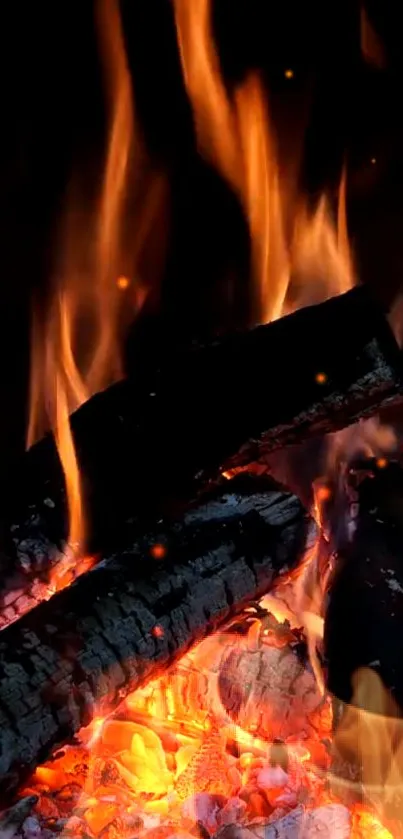 Close-up of burning logs with glowing embers and flames.