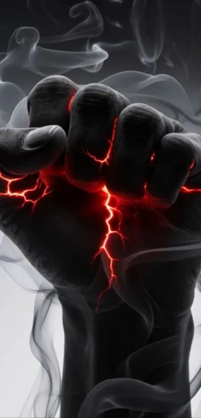 A clenched fist with fiery cracks and smoke.