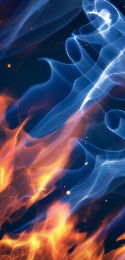 Blue and orange flames create a dynamic phone wallpaper.