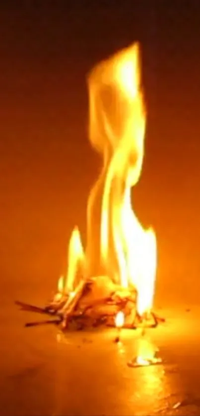 A bright, fiery flame burns against an orange background, creating a warm glow.