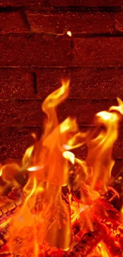 Blazing flames against a rustic brick wall pattern.