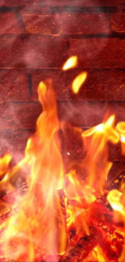 Fiery flames against a brick wall wallpaper