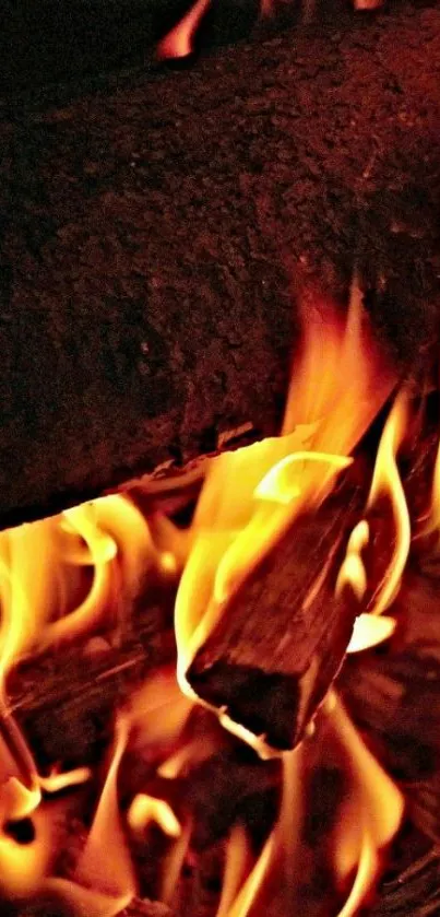 Close-up of vibrant orange flames burning wood in a dynamic phone wallpaper.