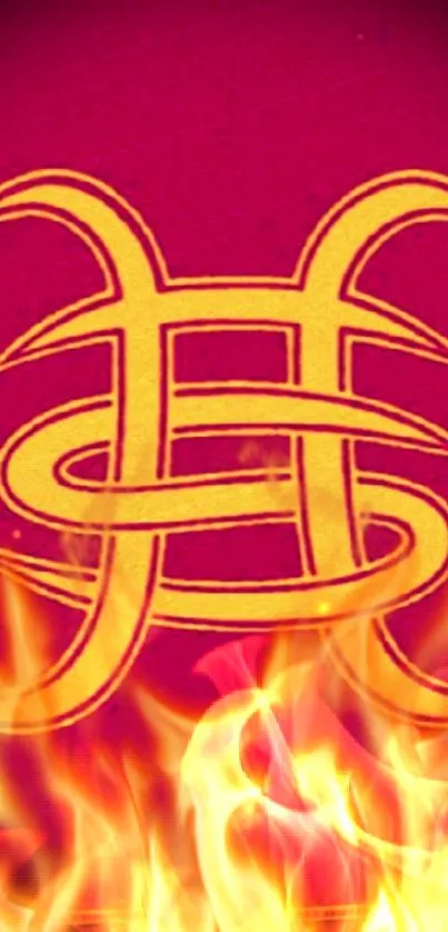 A blazing cosmic symbol with flames on a magenta background wallpaper.