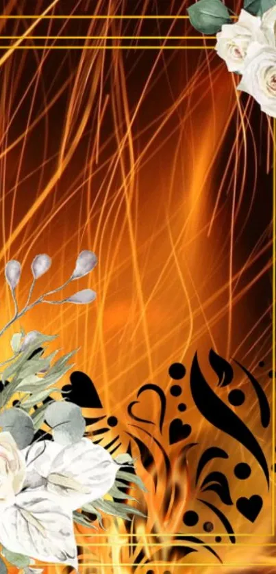 Floral abstract mobile wallpaper with orange flames and intricate designs.