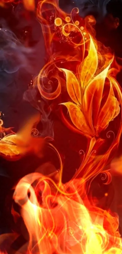 Vibrant fiery floral design with orange flames on dark background.