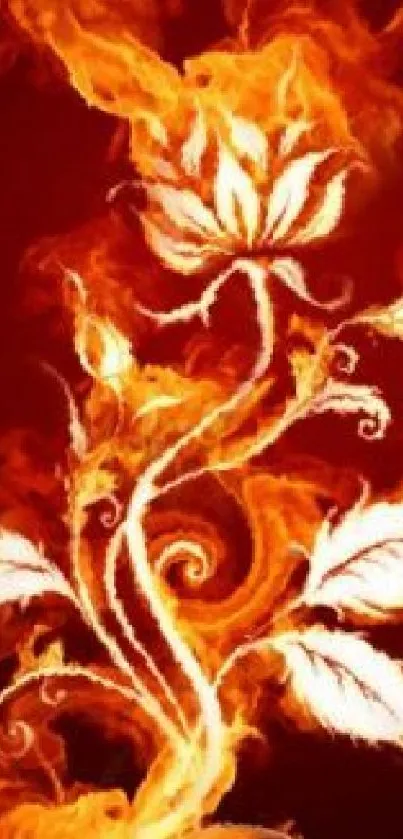 Floral art with fiery colors and white accents on a mobile wallpaper.