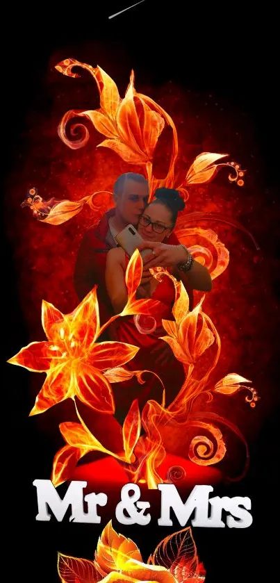 Fiery floral wallpaper with Mr & Mrs text.