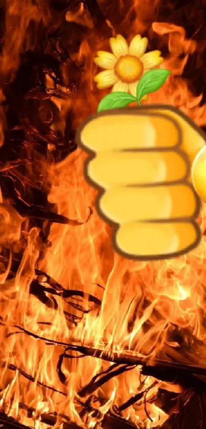 Fist with flower and moon on fiery background.