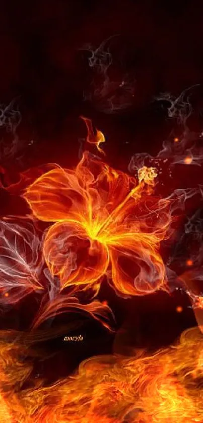 Fiery floral design with flames on black background.