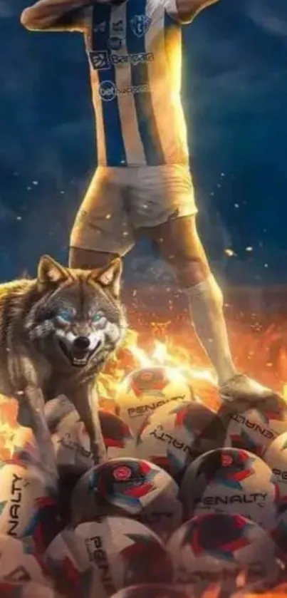 Fiery football art featuring a wolf and player in mobile wallpaper.