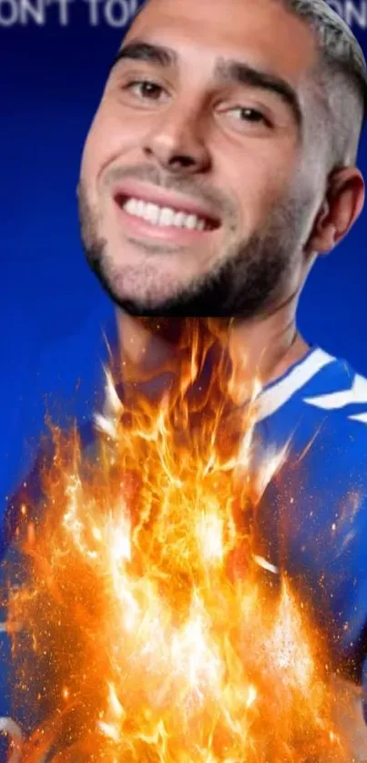 Football player with fiery graphics on blue background.