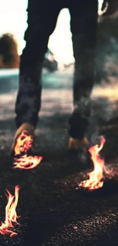 Wallpaper showing fiery footsteps on a dark road.