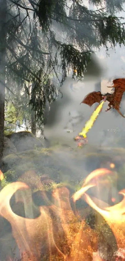 Dragon breathing fire in forest scene with flames.