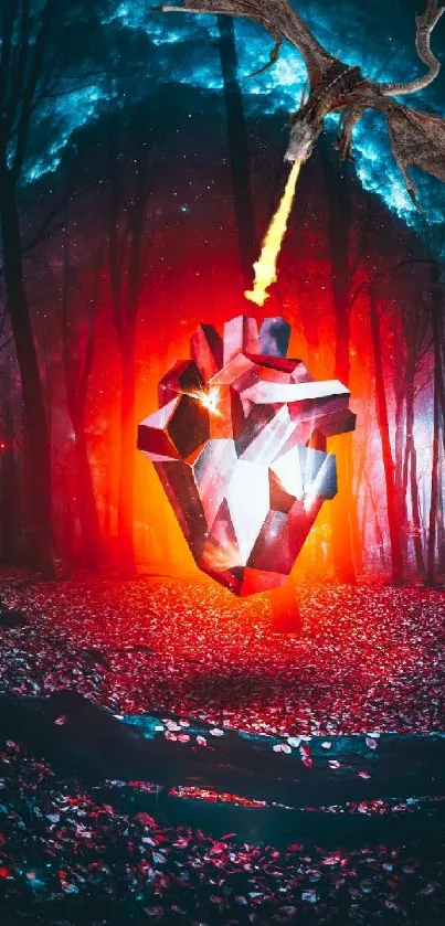 A fiery heart glows amidst a forest scene, enhancing mobile displays.