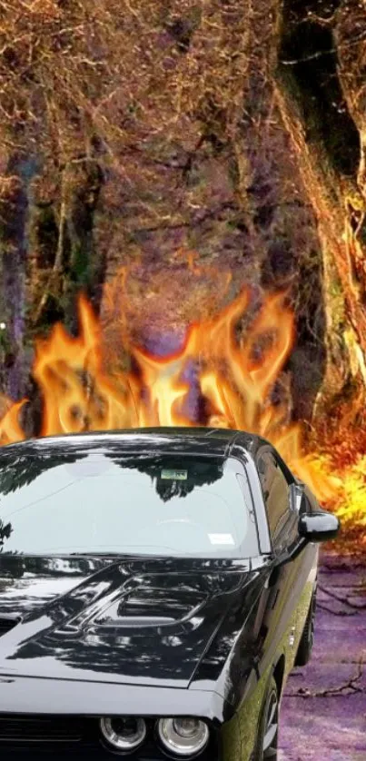 Black muscle car on fiery forest path with blazing flames.