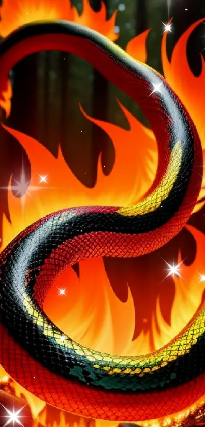 Vibrant serpent with flames in a mystical forest setting.