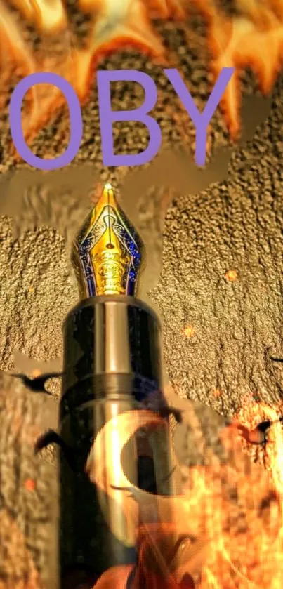 Fiery fountain pen with bold typography and flames.