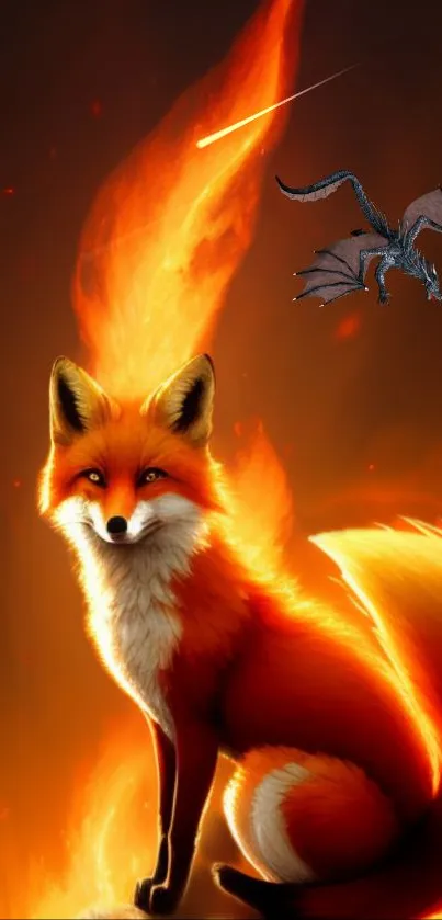 Fantasy wallpaper with a fiery fox and flying dragon.