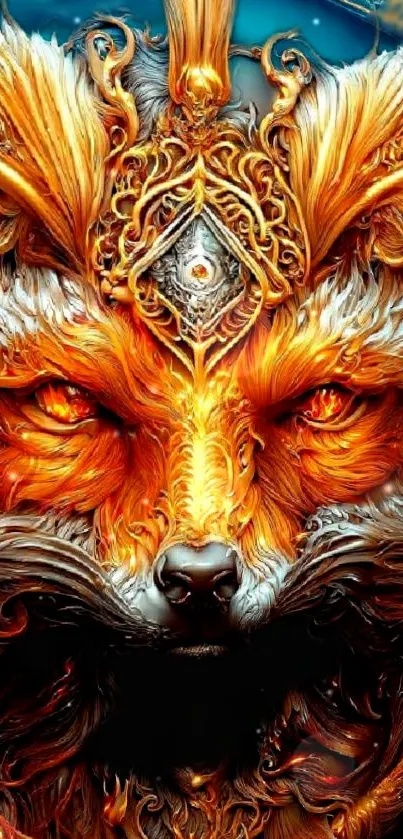 Fantasy art of a fiery fox with intricate golden details.