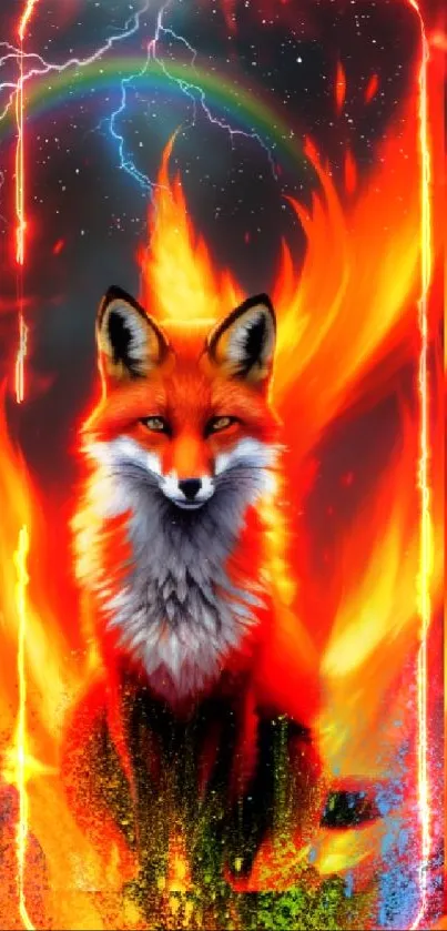 Fiery fox amidst flames with a colorful sky, ideal for bold phone wallpaper.