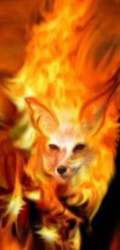 Fantasy fox engulfed in vibrant flames, set against an orange backdrop.