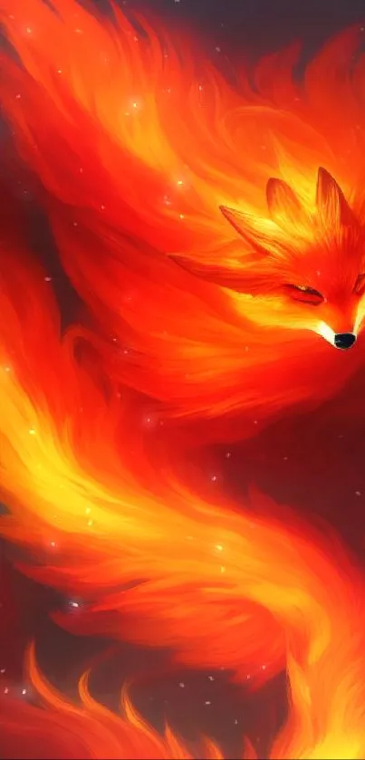 Vibrant fiery fox illustration with swirling flames for mobile wallpaper.